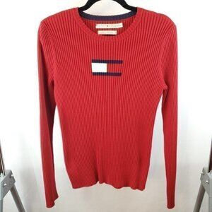 Vintage Y2K Tommy Hilfiger Logo Red Ribbed Long Sleeve 100% Cotton Sweat…